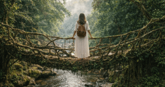 Solo woman traveller pausing on Meghalaya’s ancient living root bridge surrounded by dense forest and flowing river