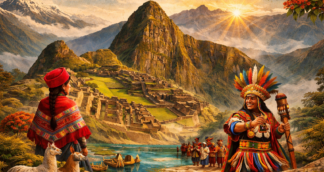 Peruvian cultural landscape featuring Machu Picchu ruins, Andean mountains, traditional attire, and Lake Titicaca boats