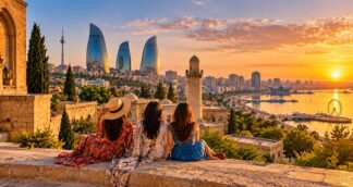 Baku skyline and Flame Towers on an Azerbaijan women only tour with Jugni Travel