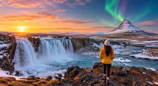 Woman overlooking a snowy Iceland waterfall and Northern Lights