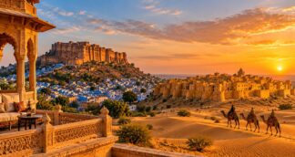 Artistic view of Rajasthan at sunset with Mehrangarh Fort above Jodhpur's blue houses, the golden Jaisalmer Fort and a camel caravan on the Thar desert dunes – Jaisalmer Jodhpur women only tour
